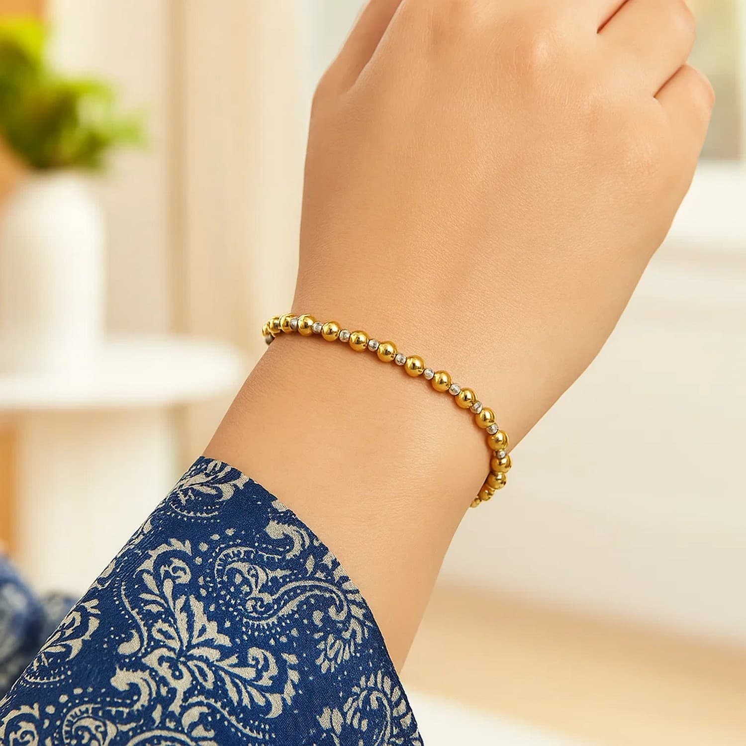 14k Two Tone Gold Polished Diamond Cut Bead Bracelet (4.00 mm) view 3