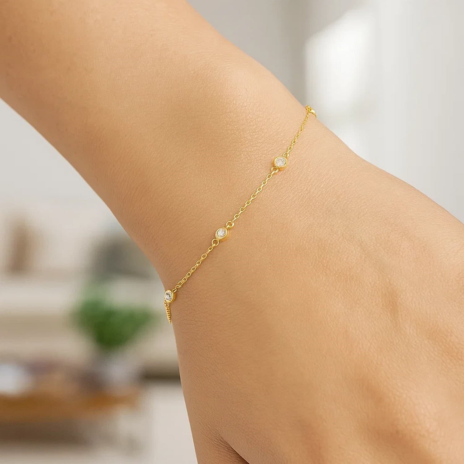 14k Yellow Gold 7 inch Bracelet with Diamond Stations (3.30 mm) — alternate view