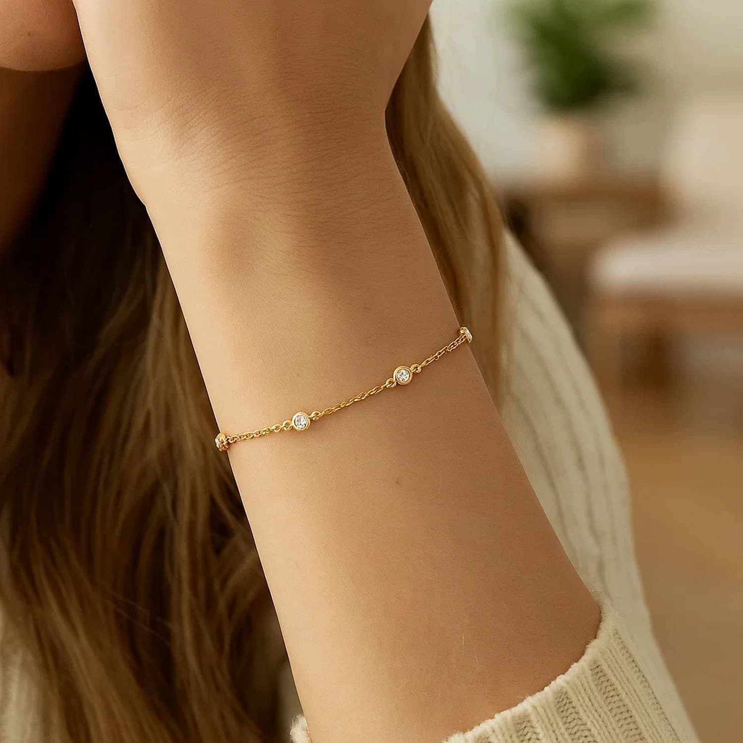 14k Yellow Gold 7 inch Bracelet with Diamond Stations (3.30 mm) view 3