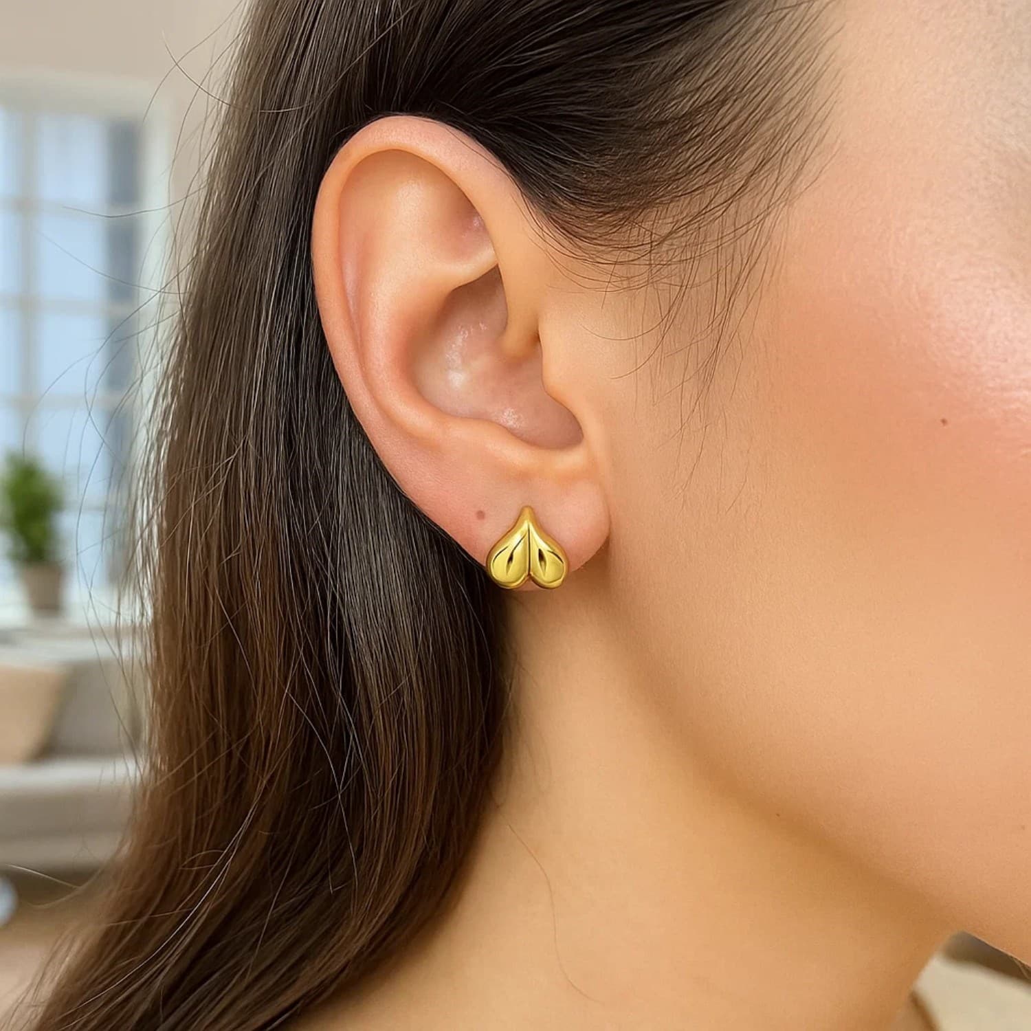 14K Yellow Gold Puffed Bubble Heart Stud Earrings view 3